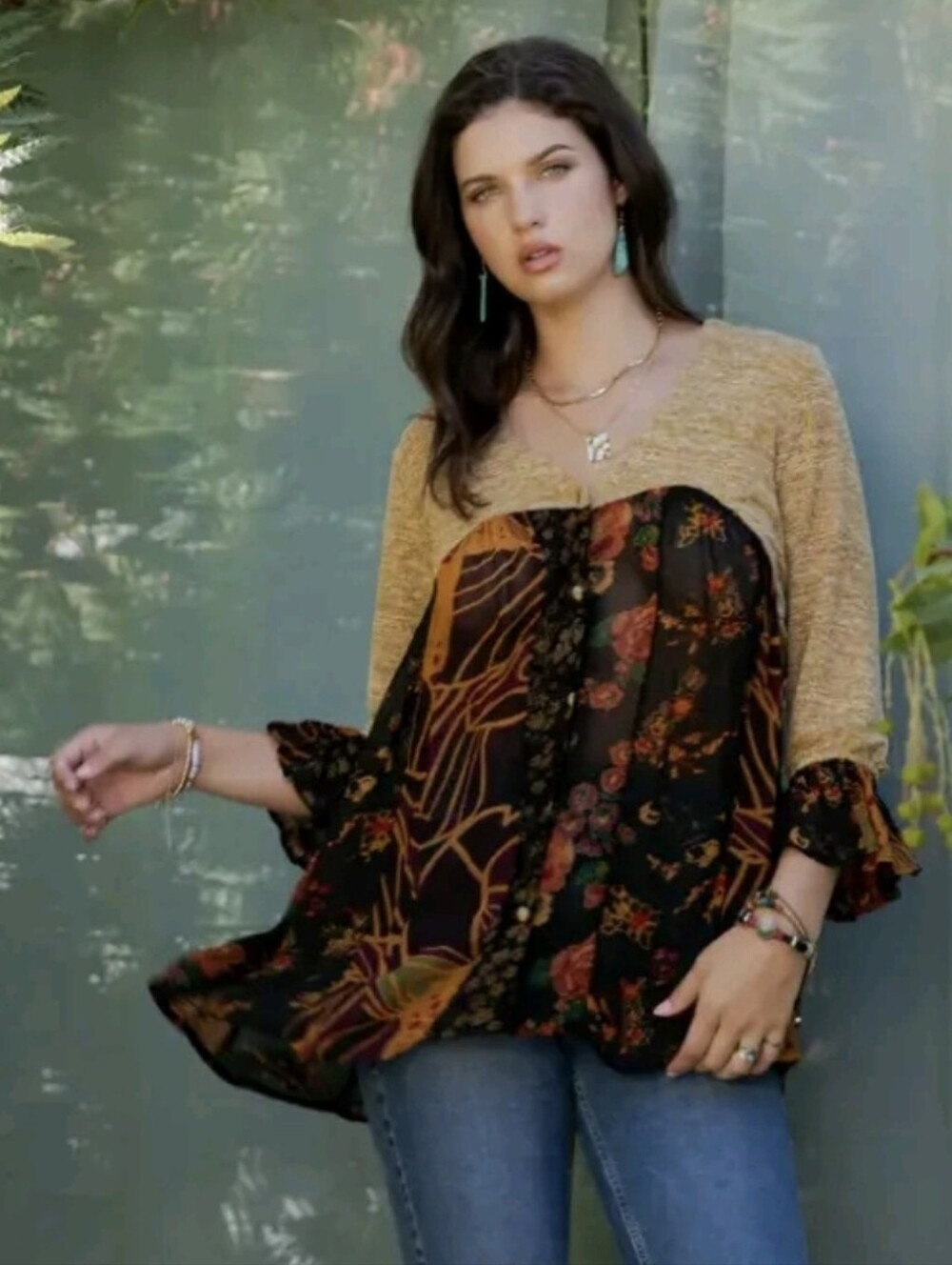 Young Threads Boho Patchwork Mixed Media Top – Size Large NWT